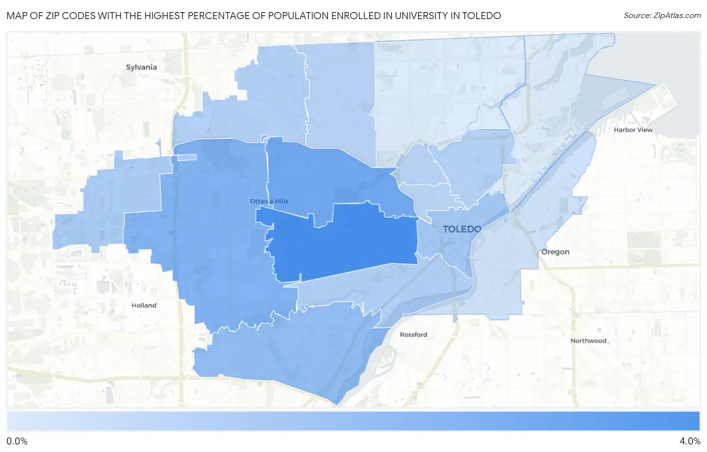 Zip Codes with the Highest Percentage of Population Enrolled in University in Toledo Map