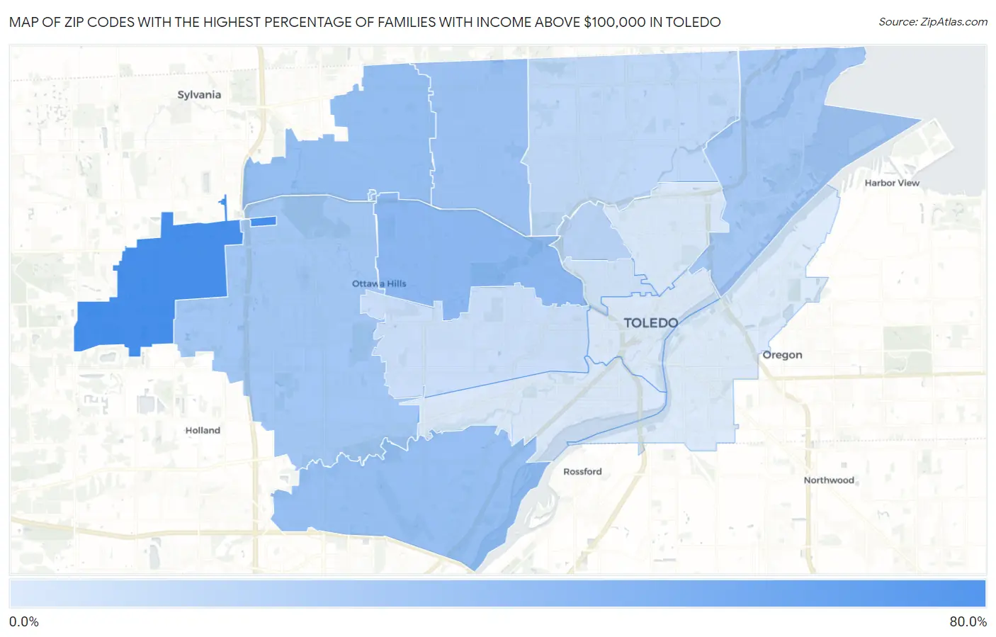 Zip Codes with the Highest Percentage of Families with Income Above $100,000 in Toledo Map