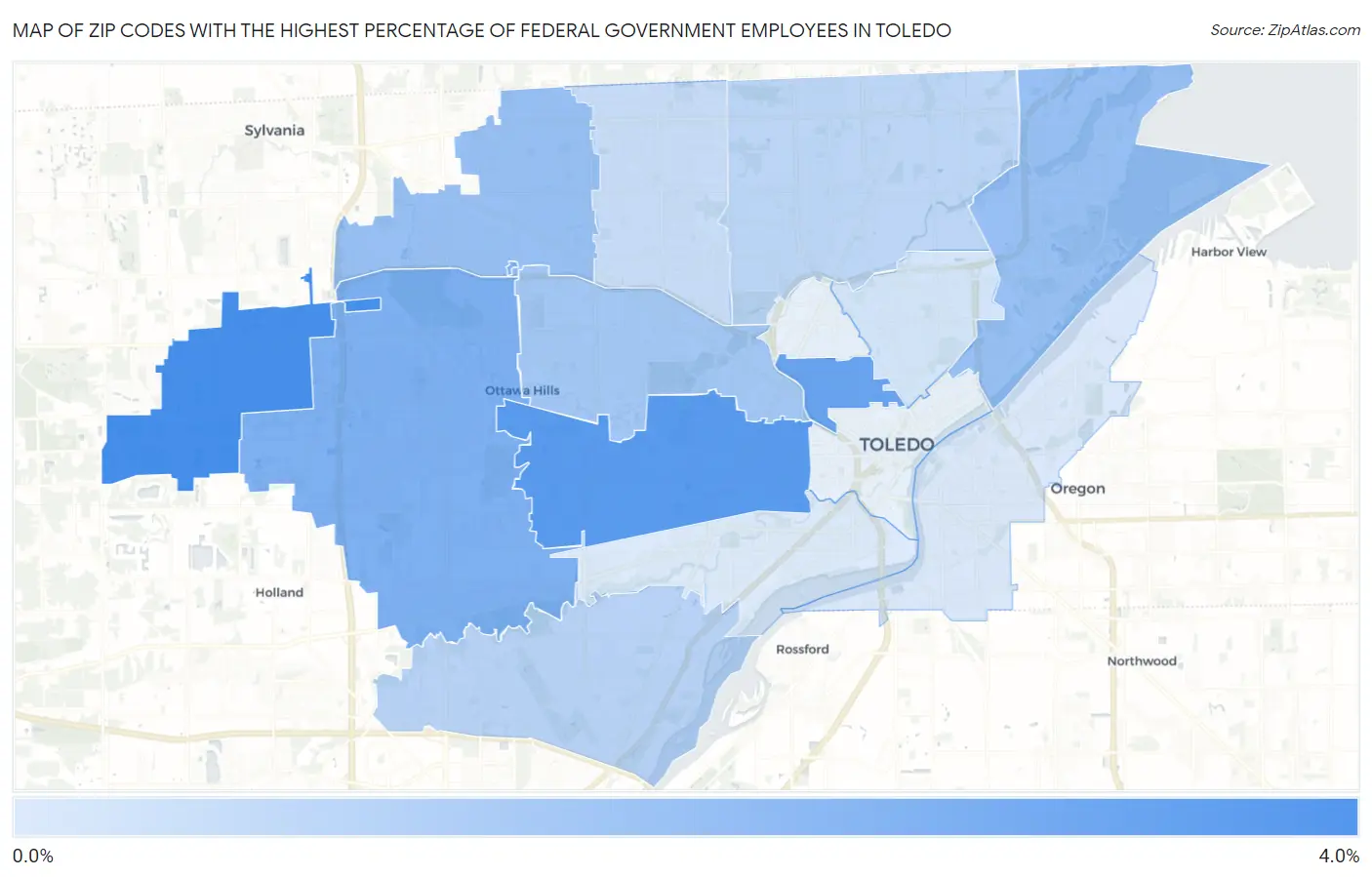Zip Codes with the Highest Percentage of Federal Government Employees in Toledo Map