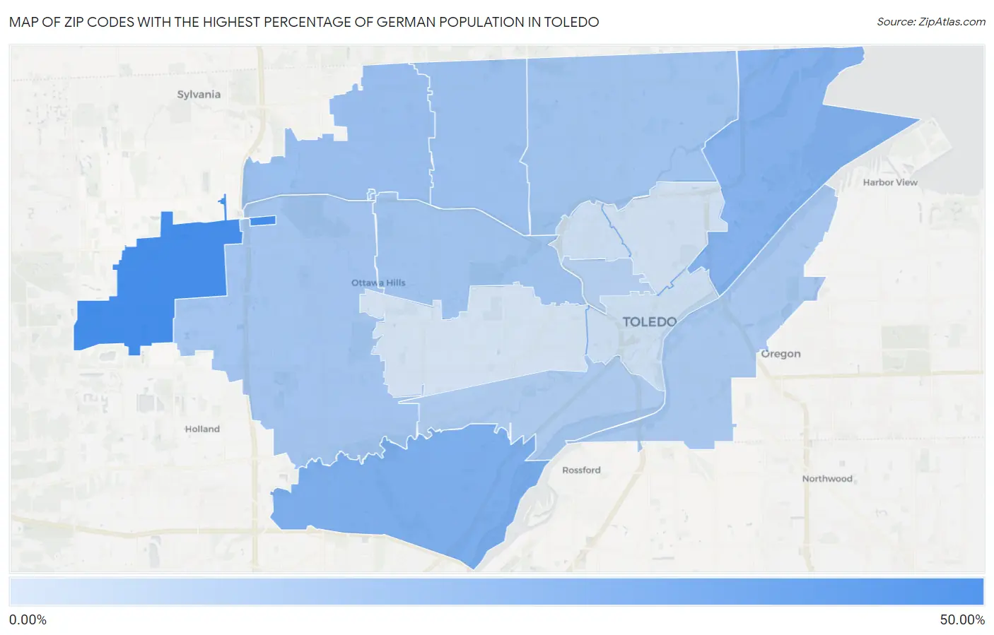 Zip Codes with the Highest Percentage of German Population in Toledo Map