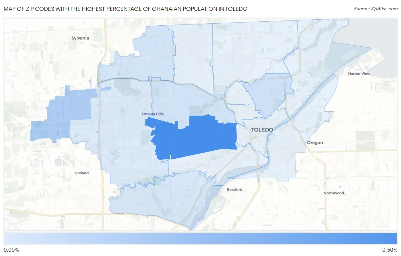 Zip Codes with the Highest Percentage of Ghanaian Population in Toledo Map