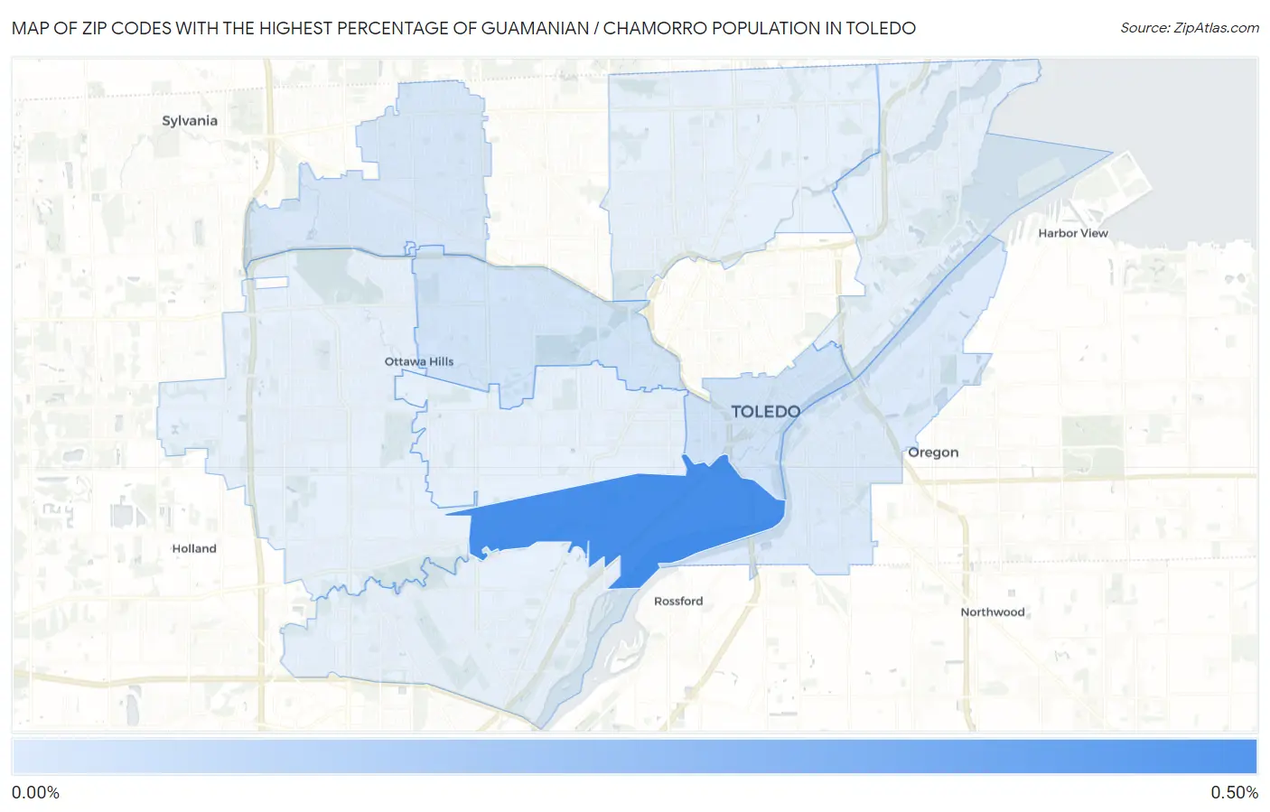 Zip Codes with the Highest Percentage of Guamanian / Chamorro Population in Toledo Map
