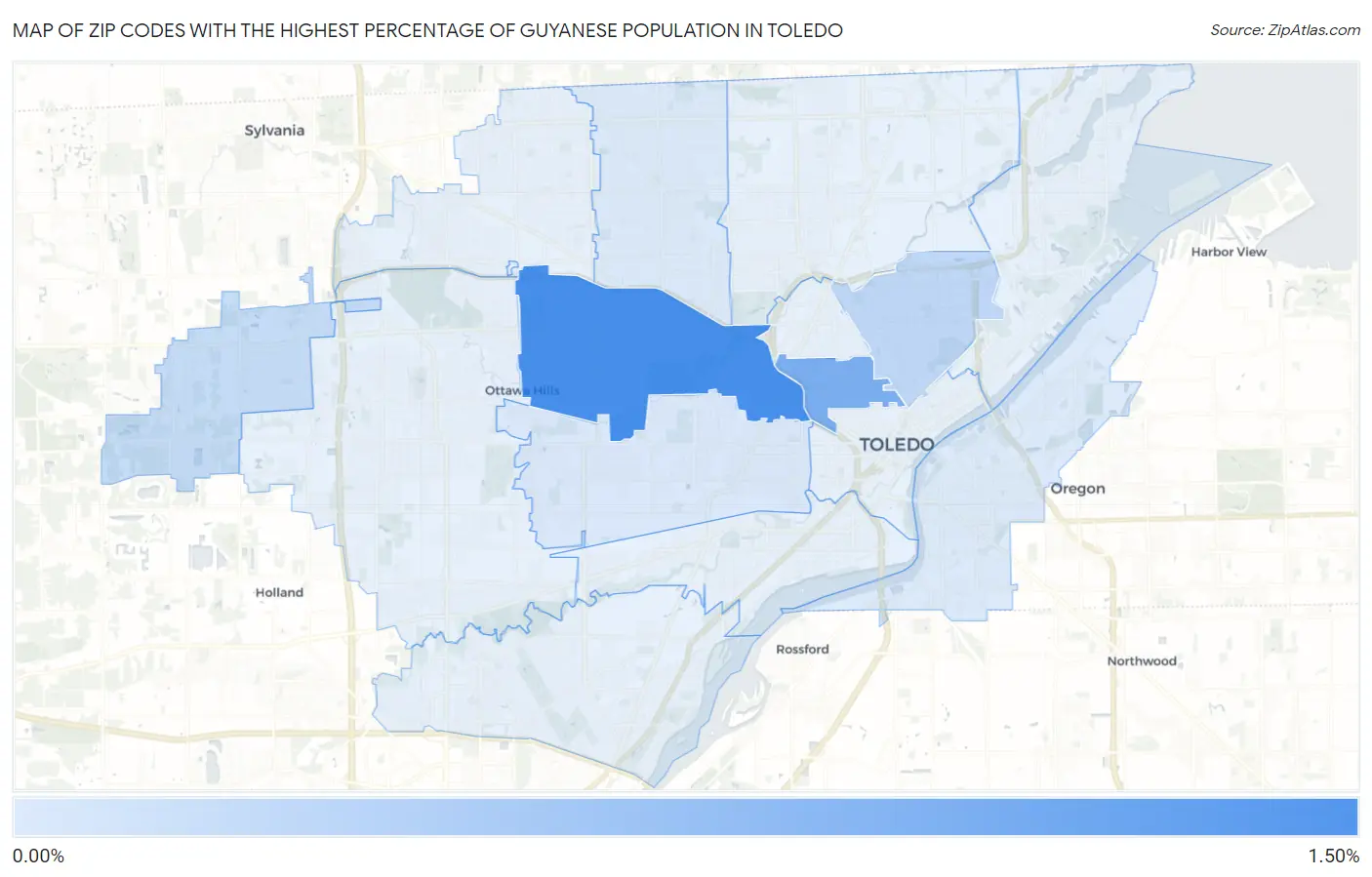 Zip Codes with the Highest Percentage of Guyanese Population in Toledo Map