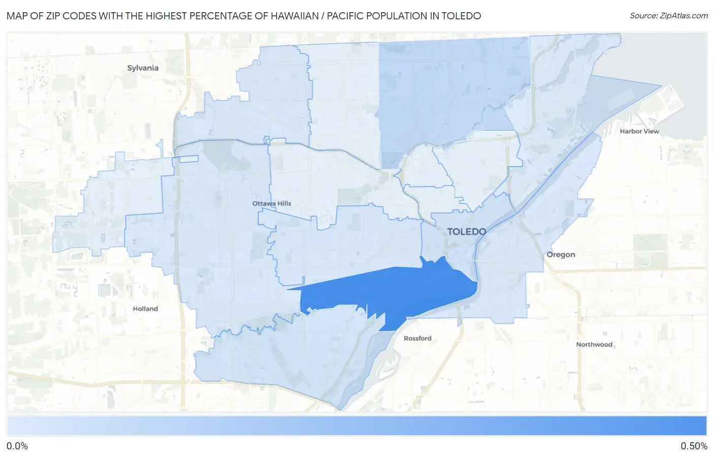 Zip Codes with the Highest Percentage of Hawaiian / Pacific Population in Toledo Map