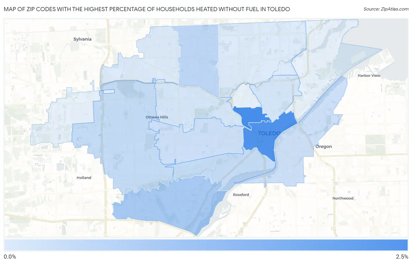 Zip Codes with the Highest Percentage of Households Heated without Fuel in Toledo Map