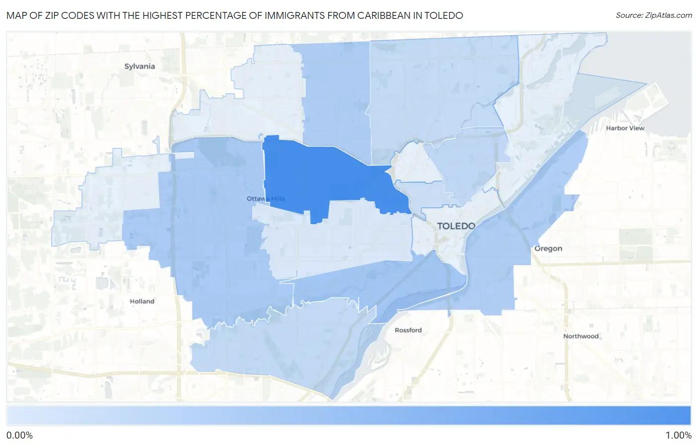 Zip Codes with the Highest Percentage of Immigrants from Caribbean in Toledo Map
