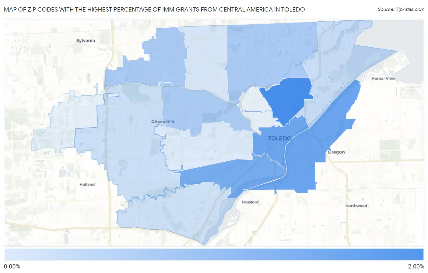 Zip Codes with the Highest Percentage of Immigrants from Central America in Toledo Map