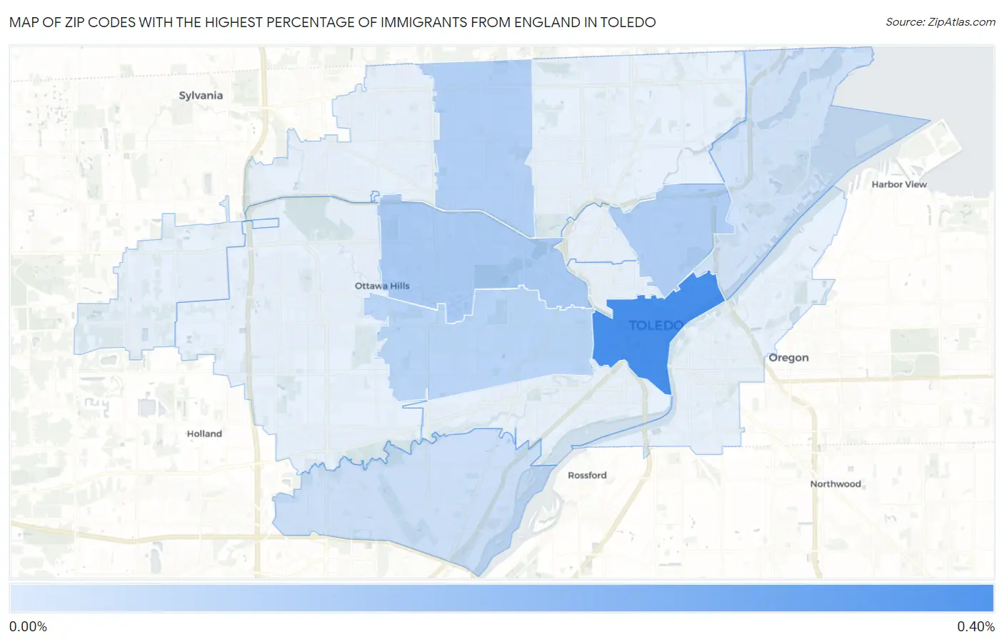 Zip Codes with the Highest Percentage of Immigrants from England in Toledo Map
