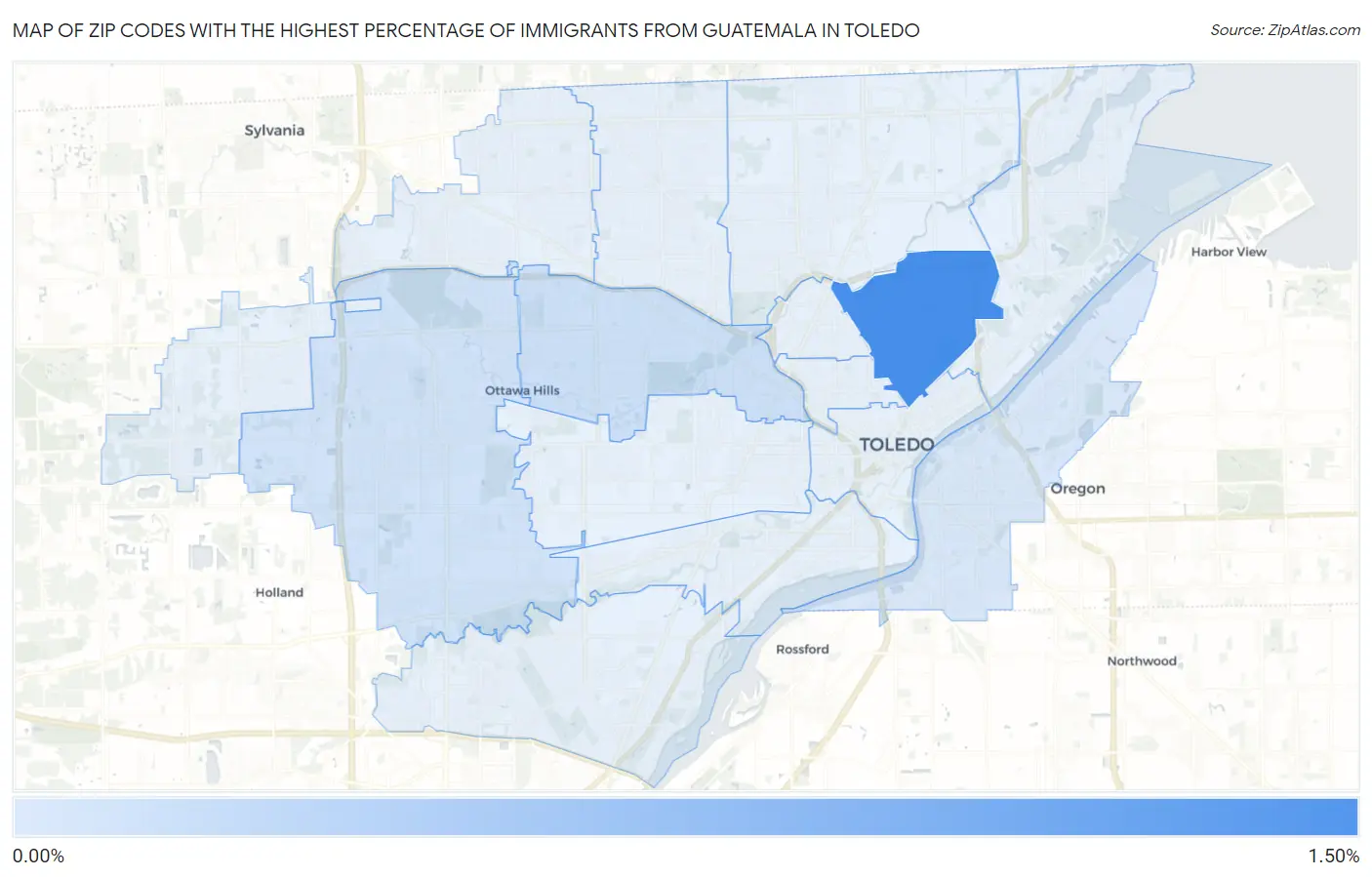 Zip Codes with the Highest Percentage of Immigrants from Guatemala in Toledo Map