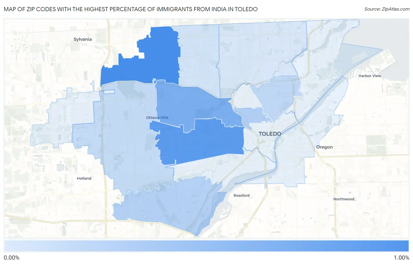 Zip Codes with the Highest Percentage of Immigrants from India in Toledo Map