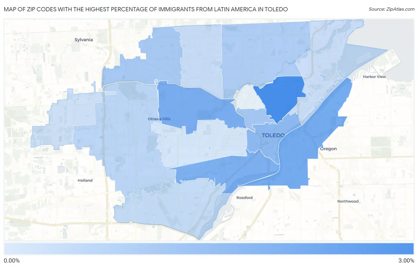 Zip Codes with the Highest Percentage of Immigrants from Latin America in Toledo Map