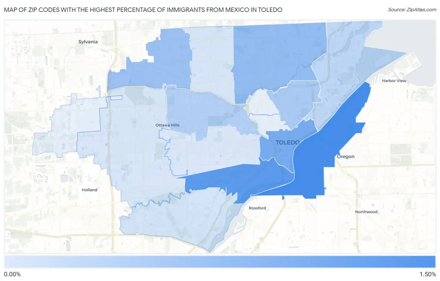 Zip Codes with the Highest Percentage of Immigrants from Mexico in Toledo Map