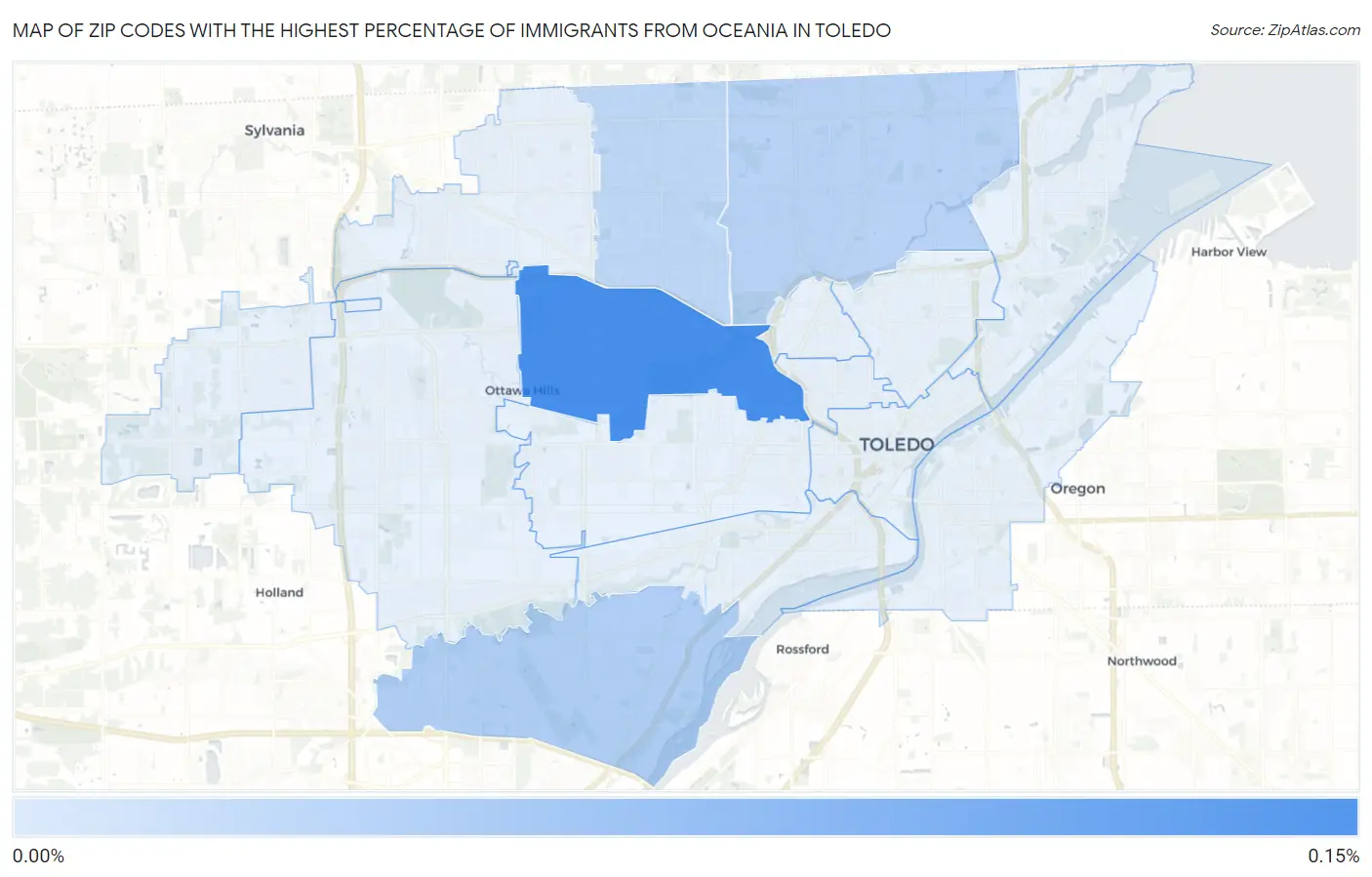 Zip Codes with the Highest Percentage of Immigrants from Oceania in Toledo Map