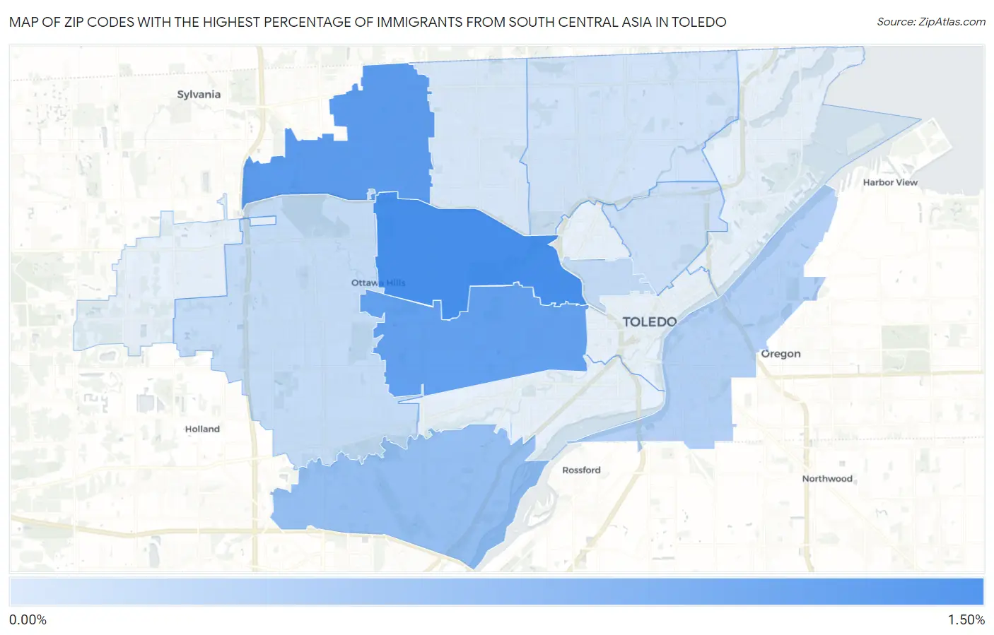 Zip Codes with the Highest Percentage of Immigrants from South Central Asia in Toledo Map