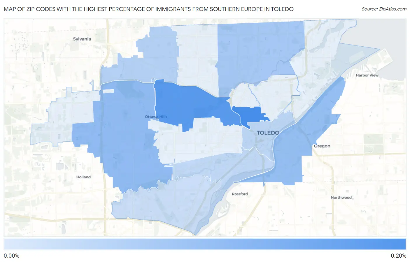 Zip Codes with the Highest Percentage of Immigrants from Southern Europe in Toledo Map