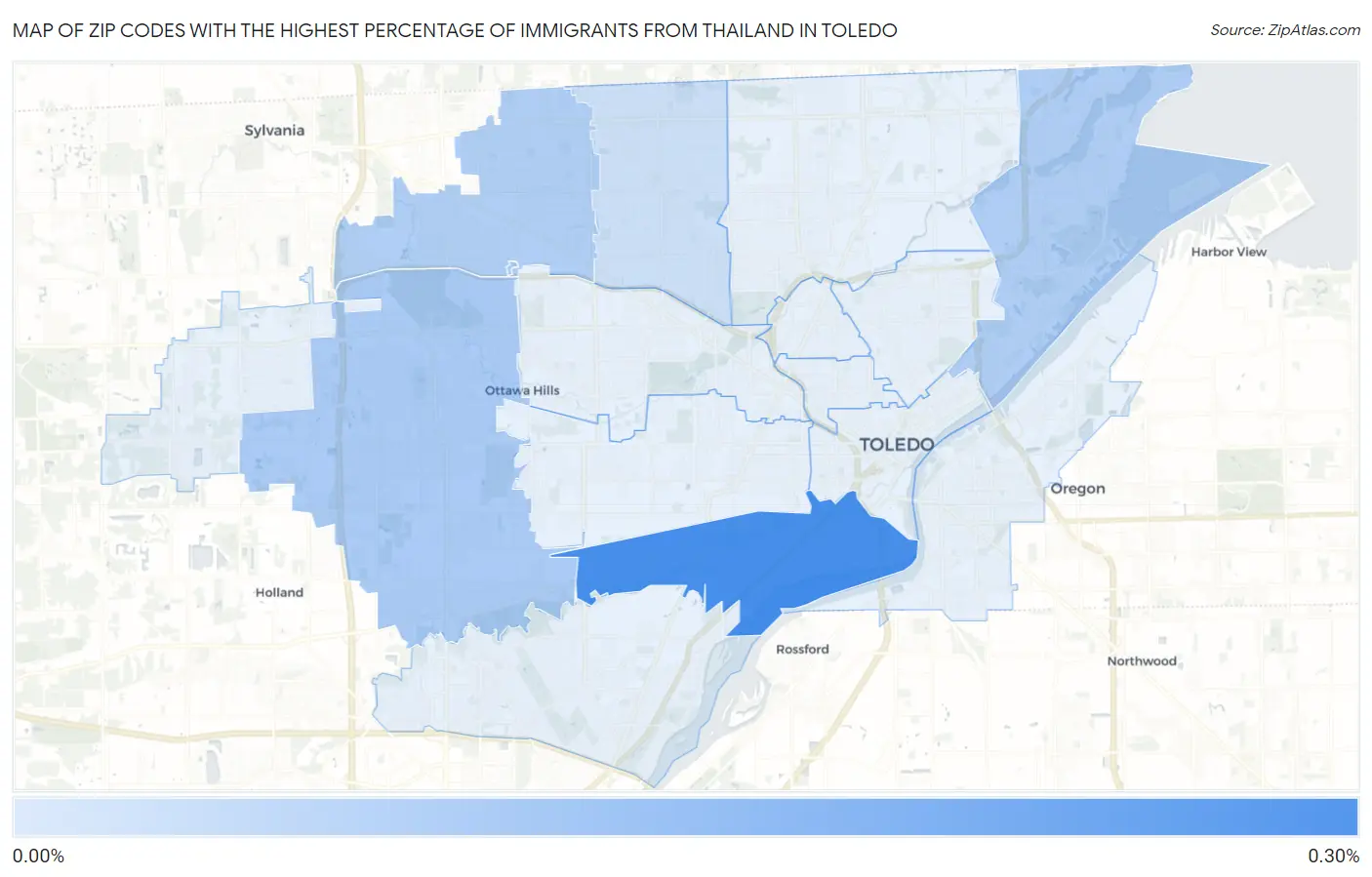 Zip Codes with the Highest Percentage of Immigrants from Thailand in Toledo Map