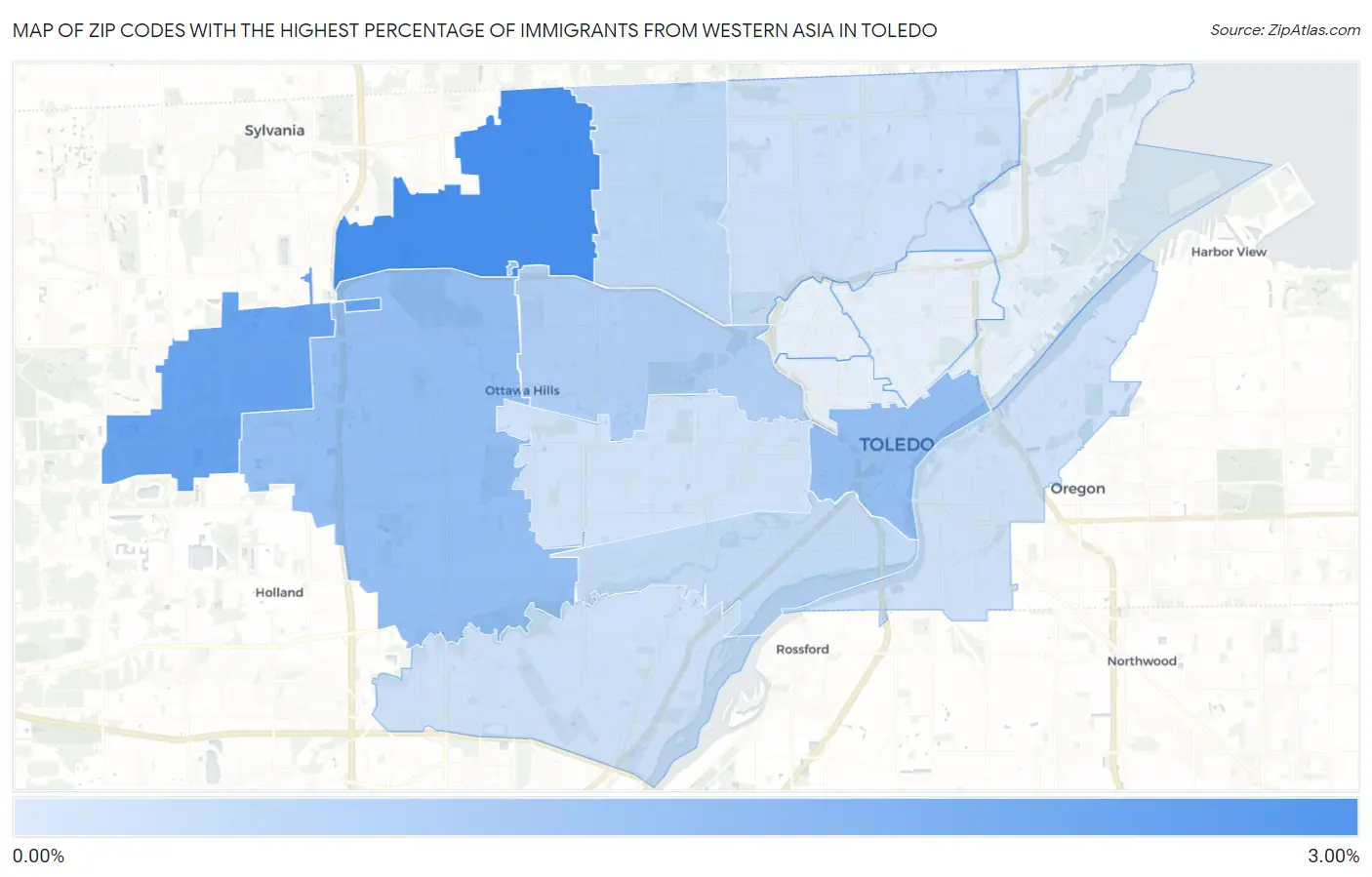 Zip Codes with the Highest Percentage of Immigrants from Western Asia in Toledo Map