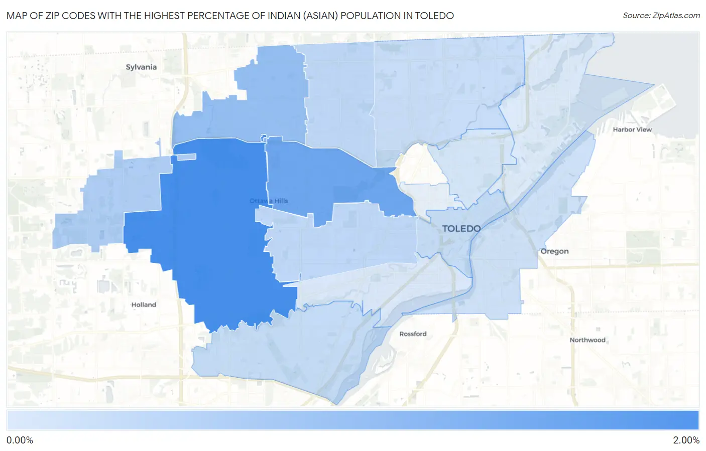 Zip Codes with the Highest Percentage of Indian (Asian) Population in Toledo Map