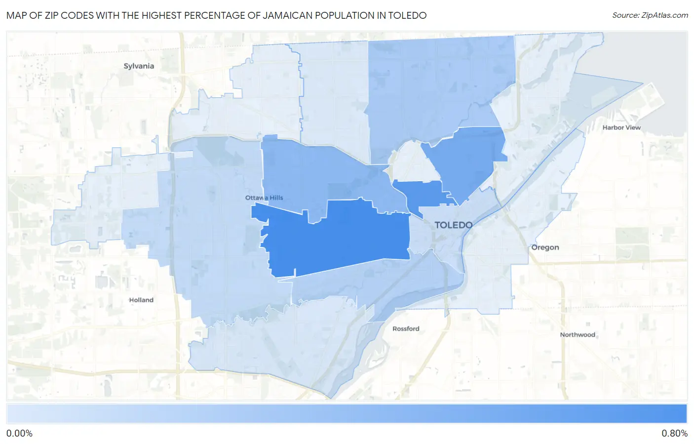 Zip Codes with the Highest Percentage of Jamaican Population in Toledo Map