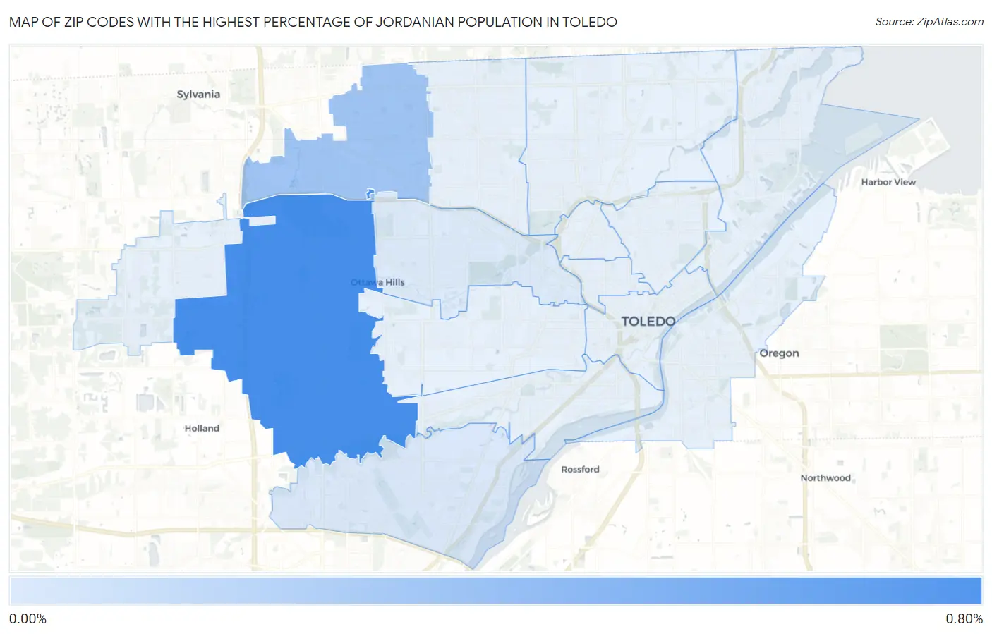 Zip Codes with the Highest Percentage of Jordanian Population in Toledo Map