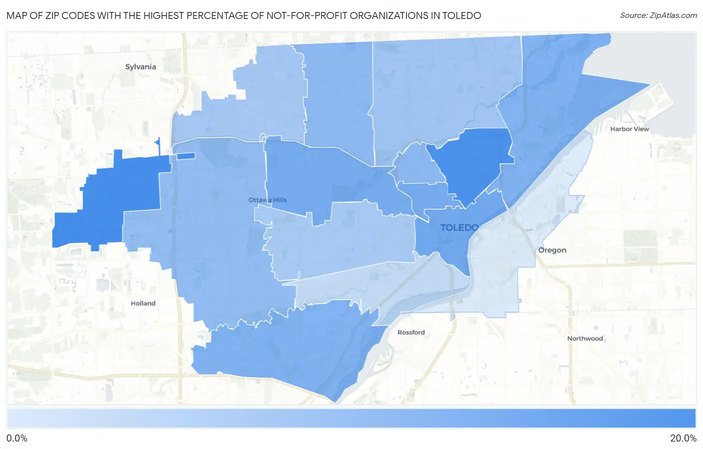 Zip Codes with the Highest Percentage of Not-for-profit Organizations in Toledo Map