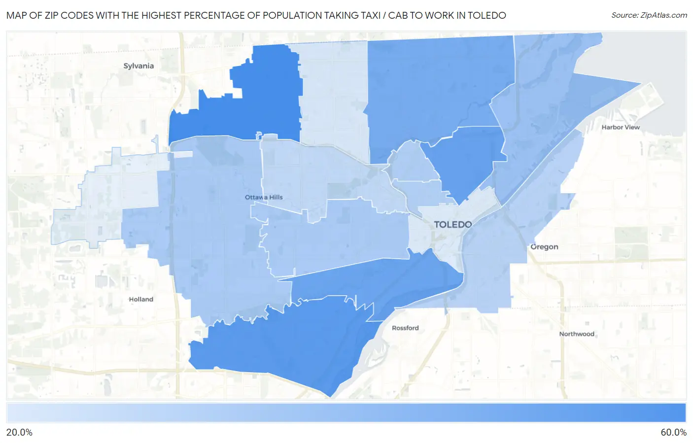 Zip Codes with the Highest Percentage of Population Taking Taxi / Cab to Work in Toledo Map