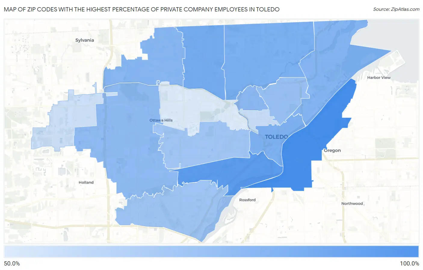 Zip Codes with the Highest Percentage of Private Company Employees in Toledo Map