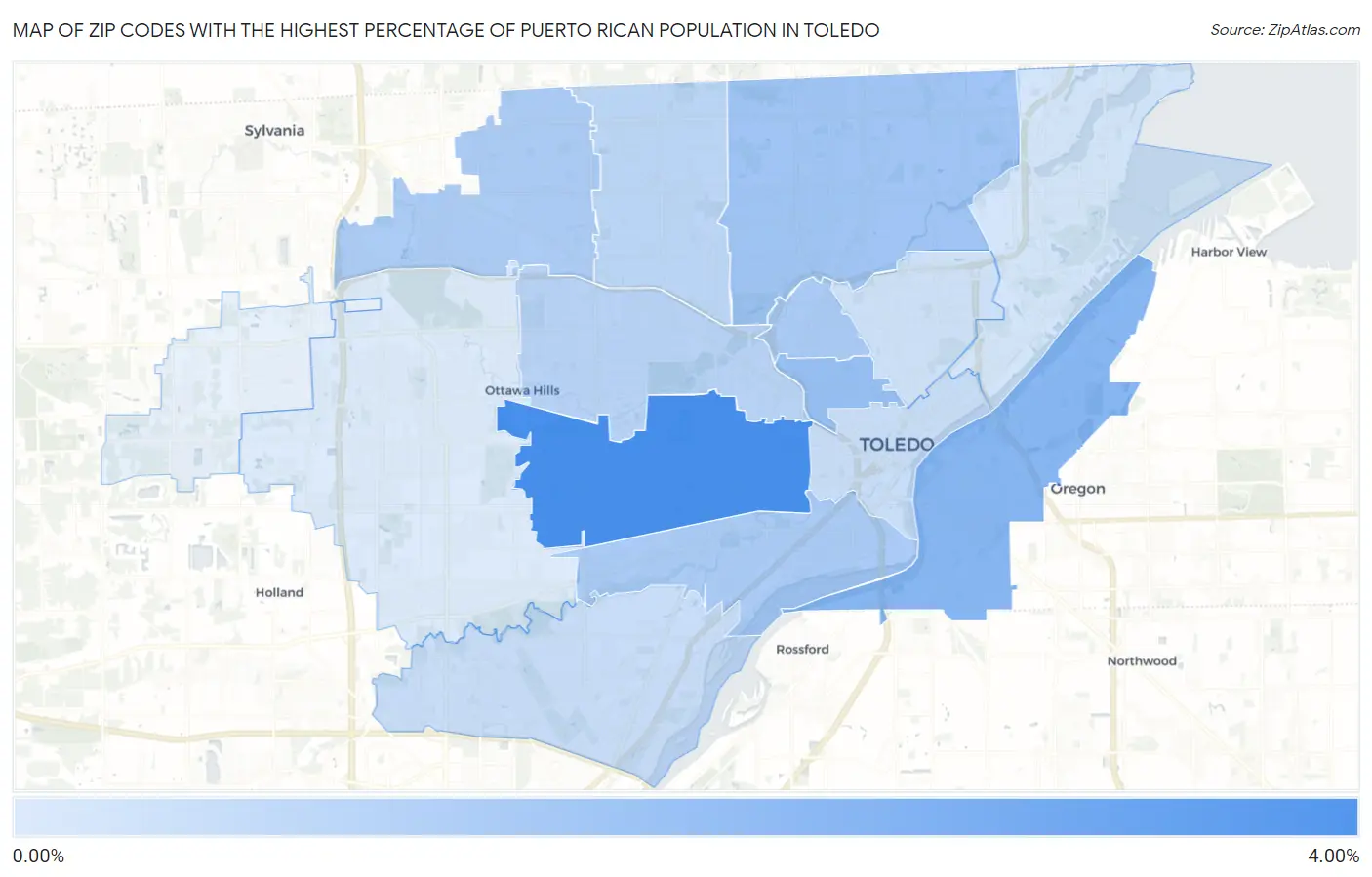 Zip Codes with the Highest Percentage of Puerto Rican Population in Toledo Map