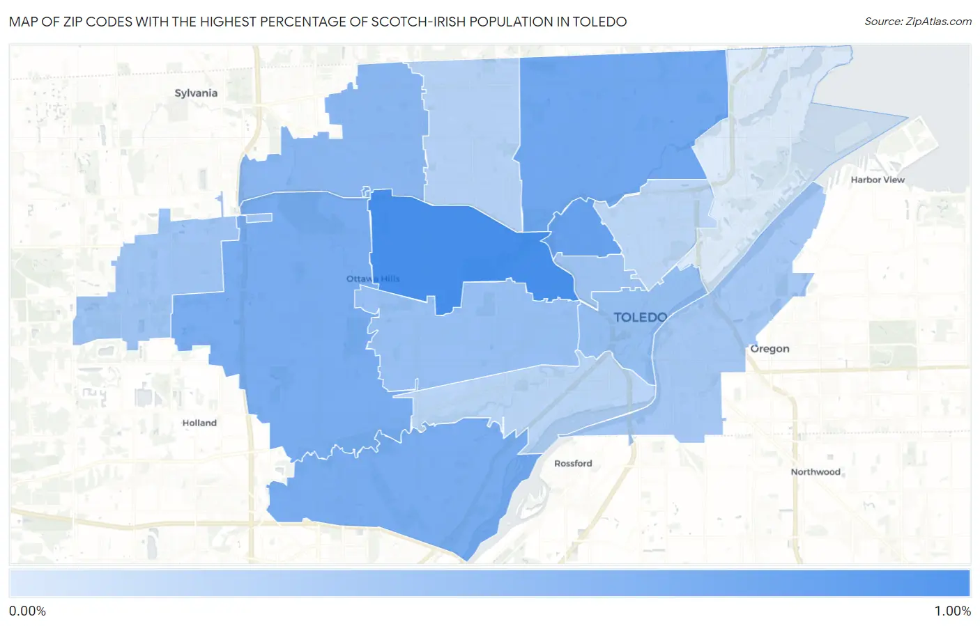 Zip Codes with the Highest Percentage of Scotch-Irish Population in Toledo Map