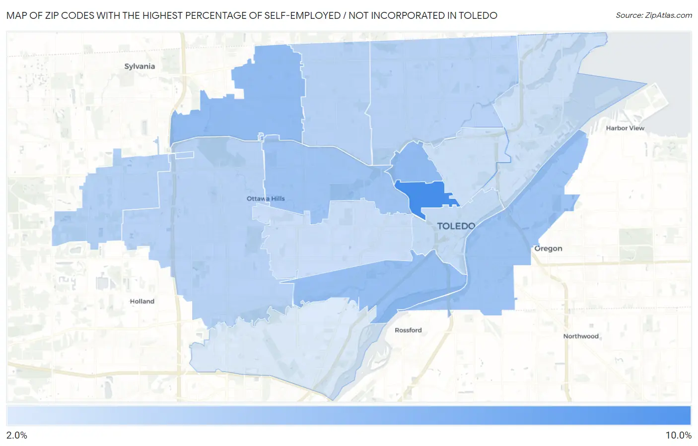 Zip Codes with the Highest Percentage of Self-Employed / Not Incorporated in Toledo Map