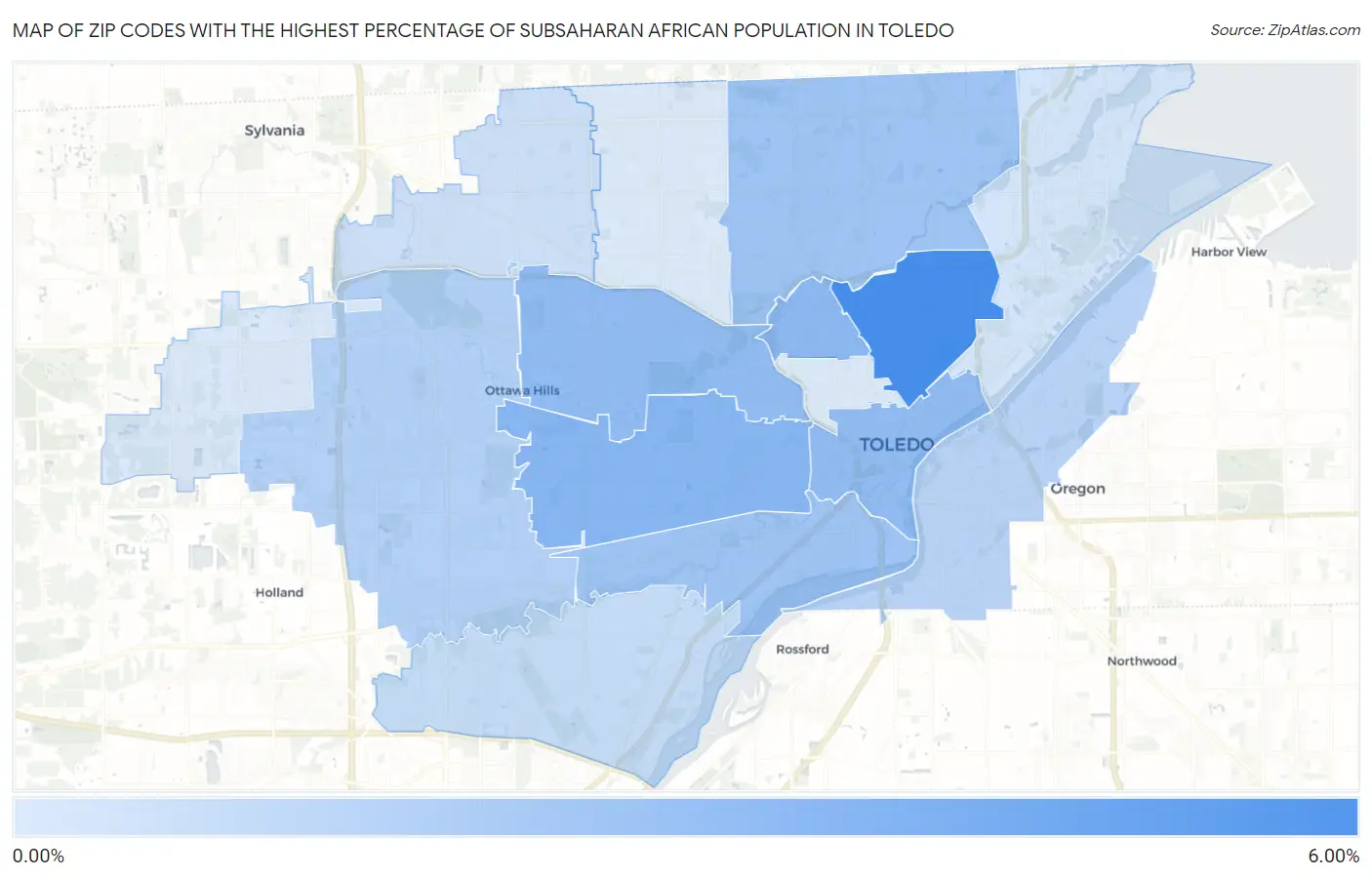 Zip Codes with the Highest Percentage of Subsaharan African Population in Toledo Map