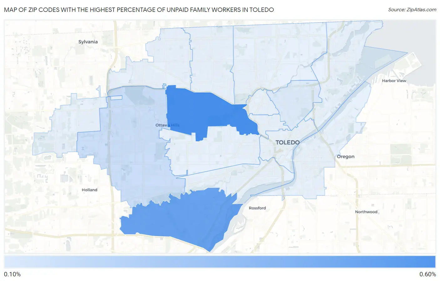 Zip Codes with the Highest Percentage of Unpaid Family Workers in Toledo Map
