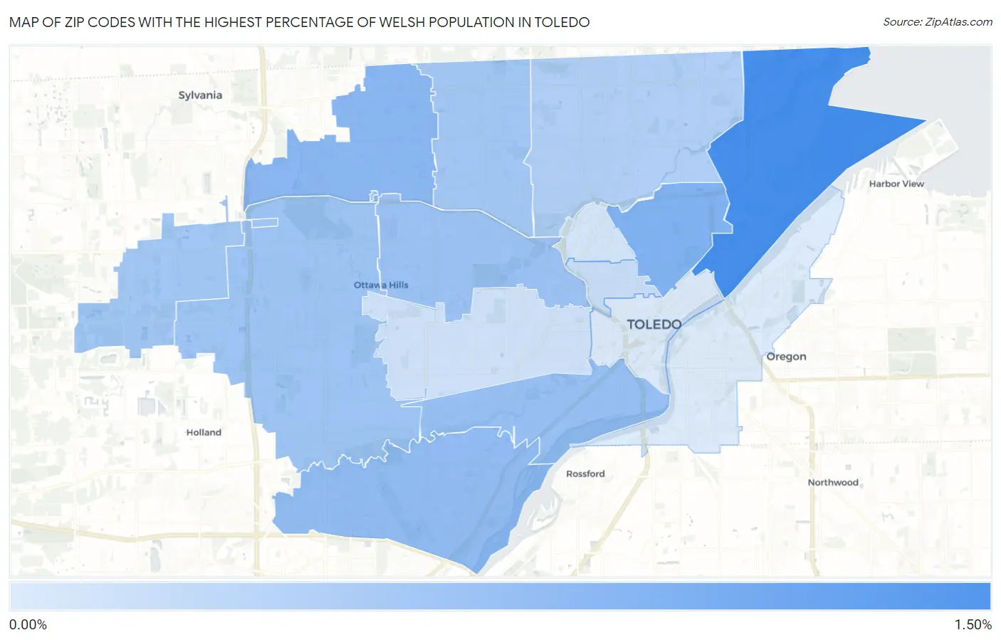Zip Codes with the Highest Percentage of Welsh Population in Toledo Map