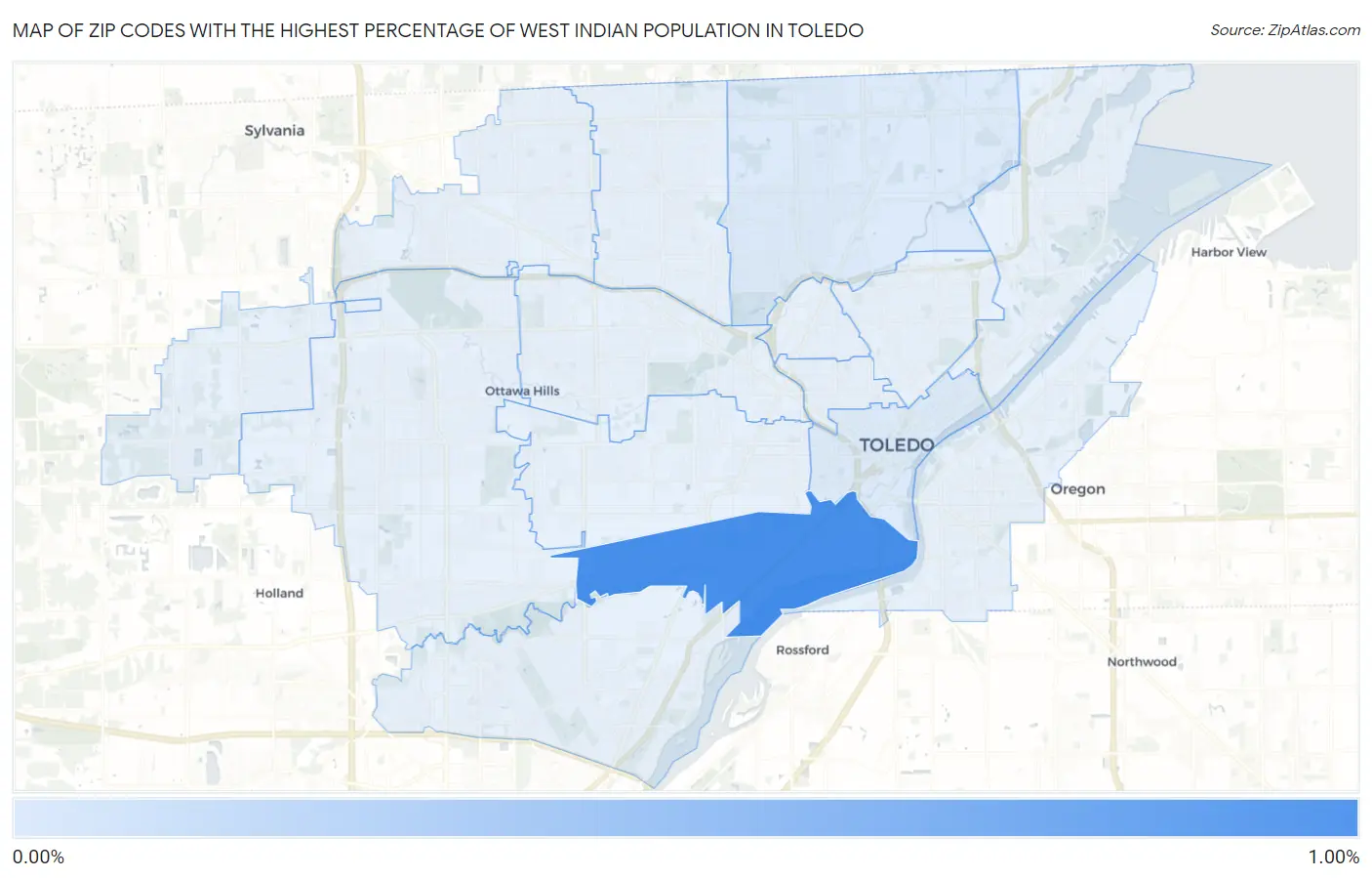 Zip Codes with the Highest Percentage of West Indian Population in Toledo Map