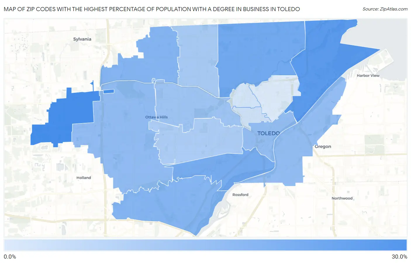 Zip Codes with the Highest Percentage of Population with a Degree in Business in Toledo Map