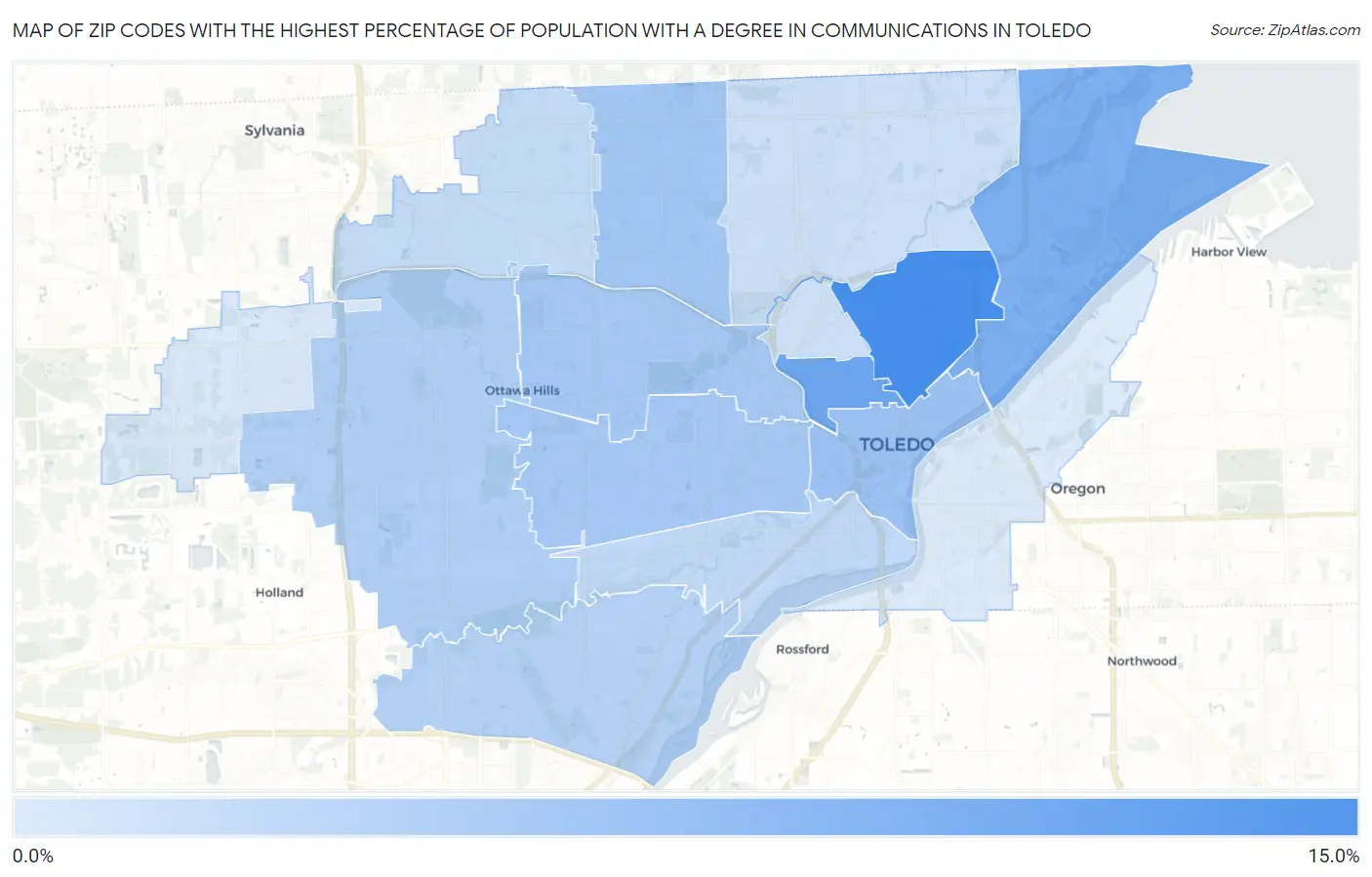 Zip Codes with the Highest Percentage of Population with a Degree in Communications in Toledo Map