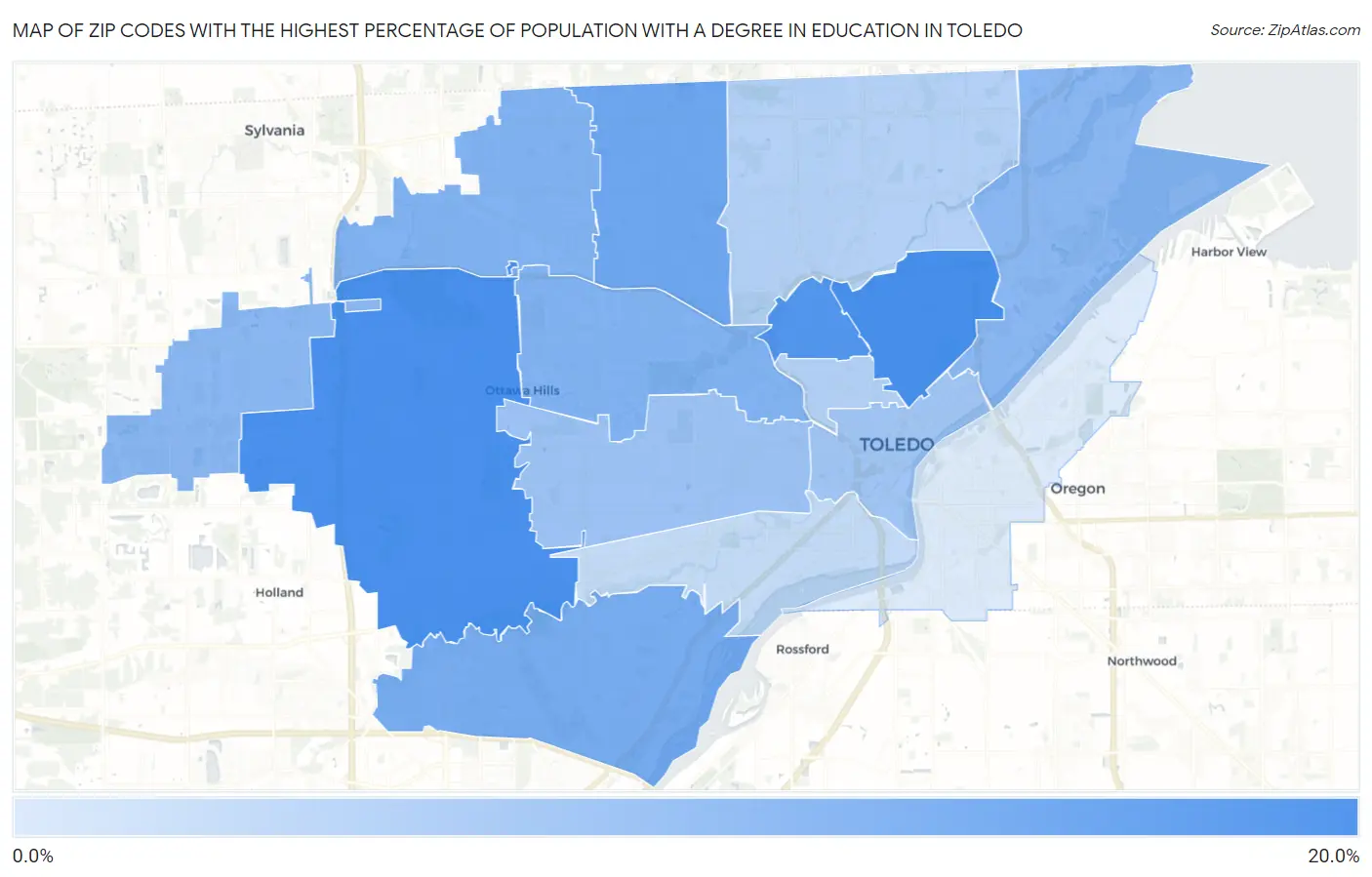 Zip Codes with the Highest Percentage of Population with a Degree in Education in Toledo Map
