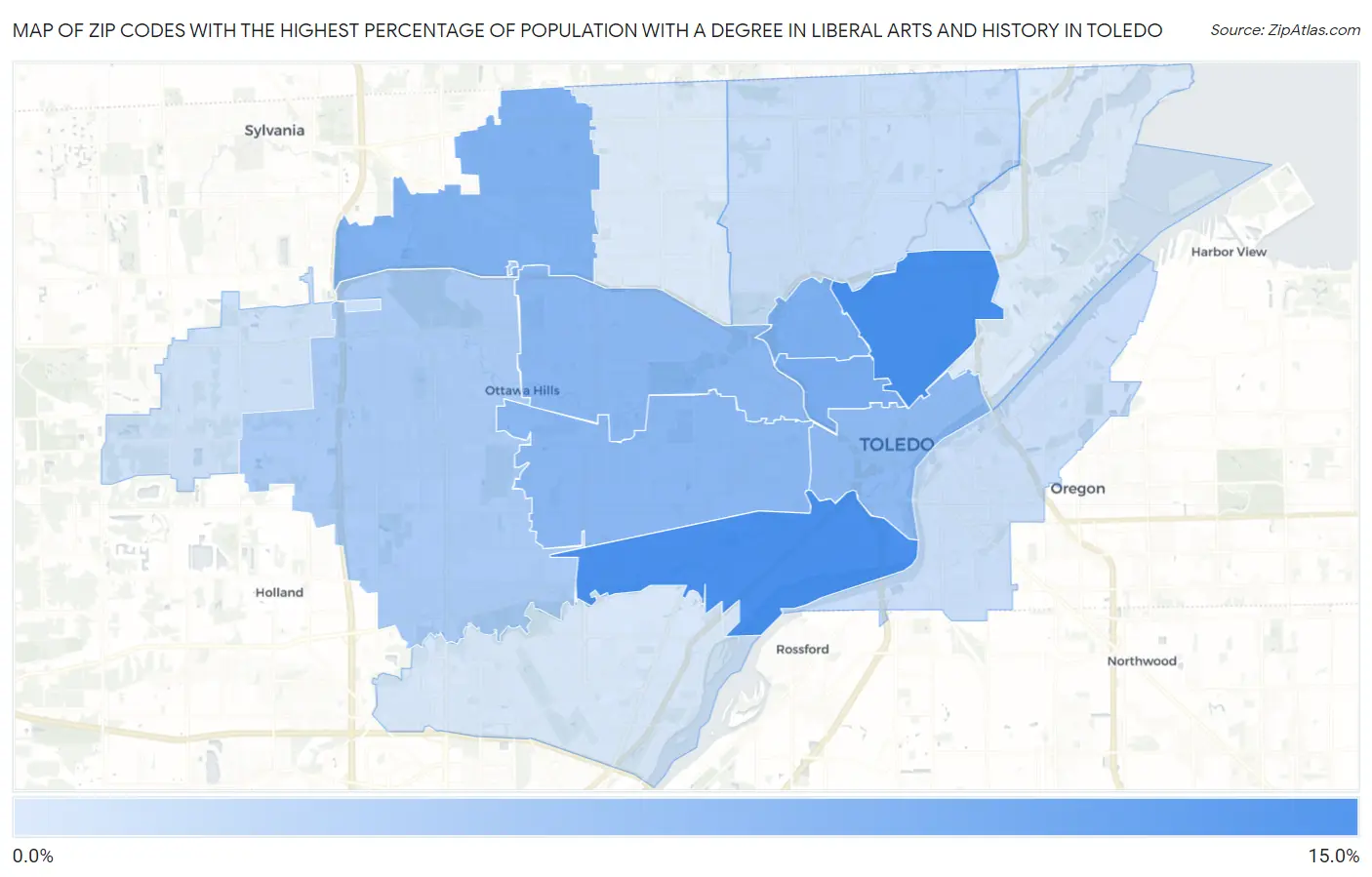 Zip Codes with the Highest Percentage of Population with a Degree in Liberal Arts and History in Toledo Map