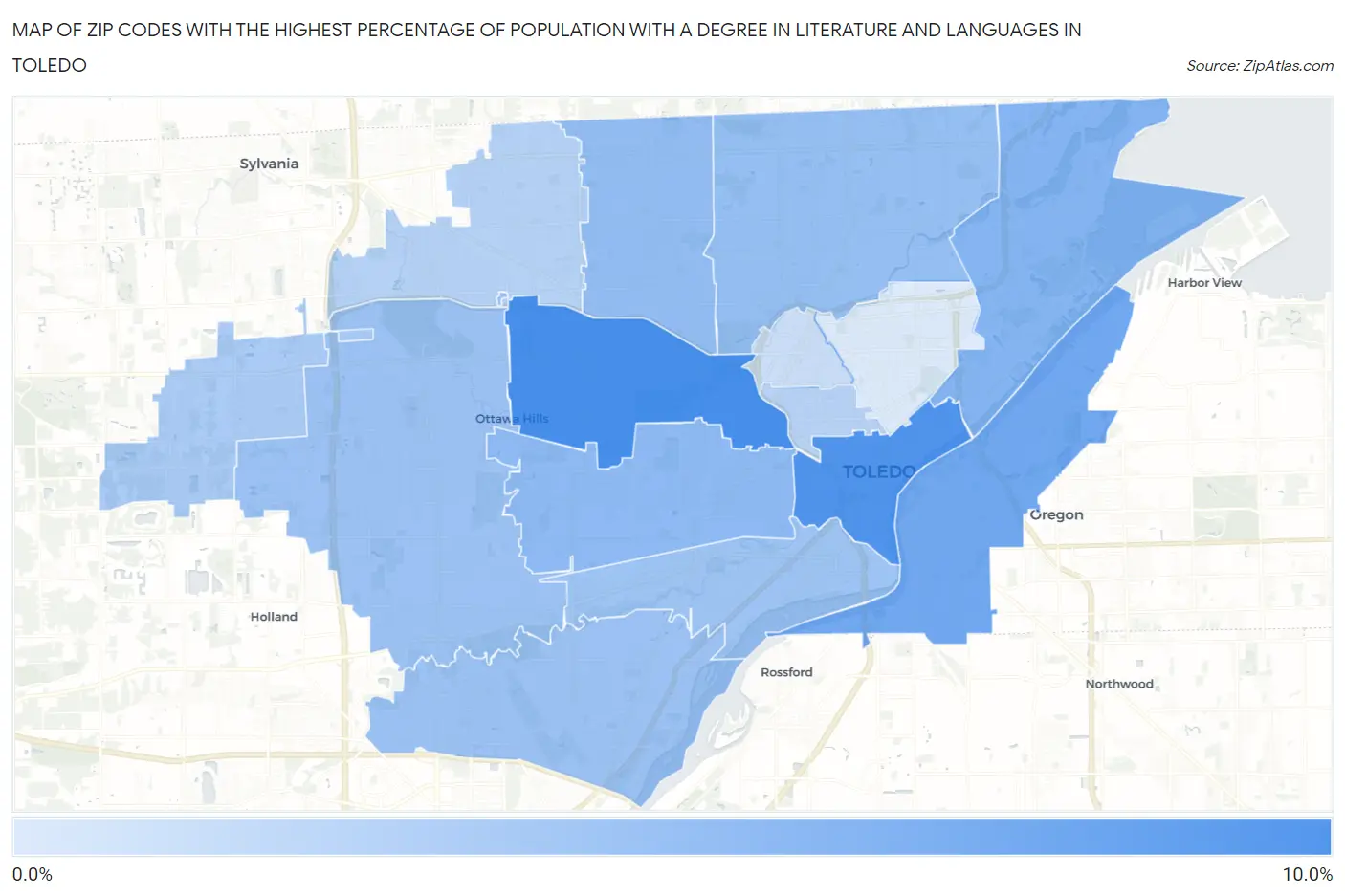 Zip Codes with the Highest Percentage of Population with a Degree in Literature and Languages in Toledo Map