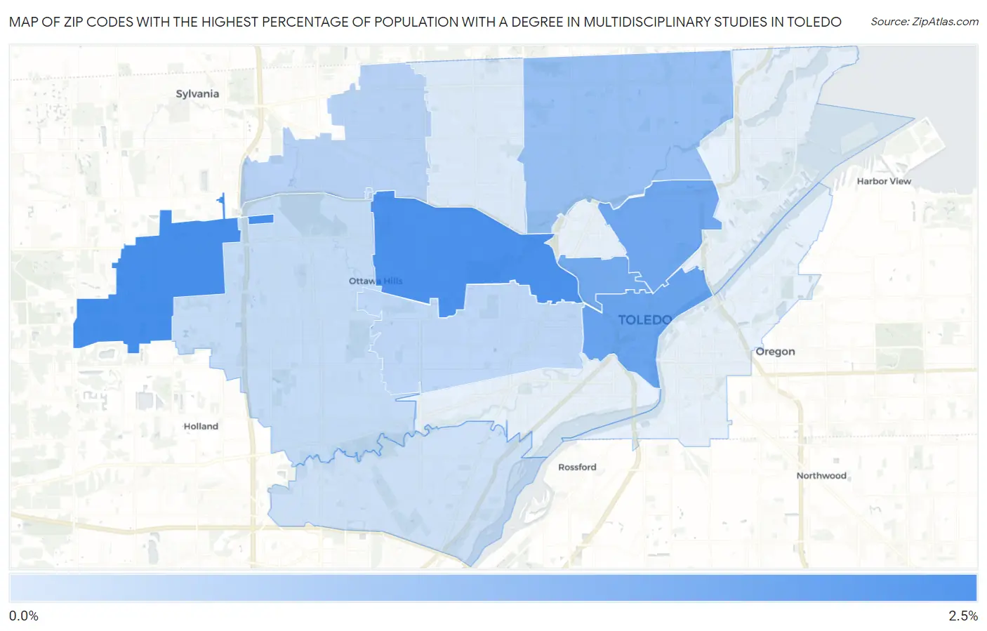 Zip Codes with the Highest Percentage of Population with a Degree in Multidisciplinary Studies in Toledo Map