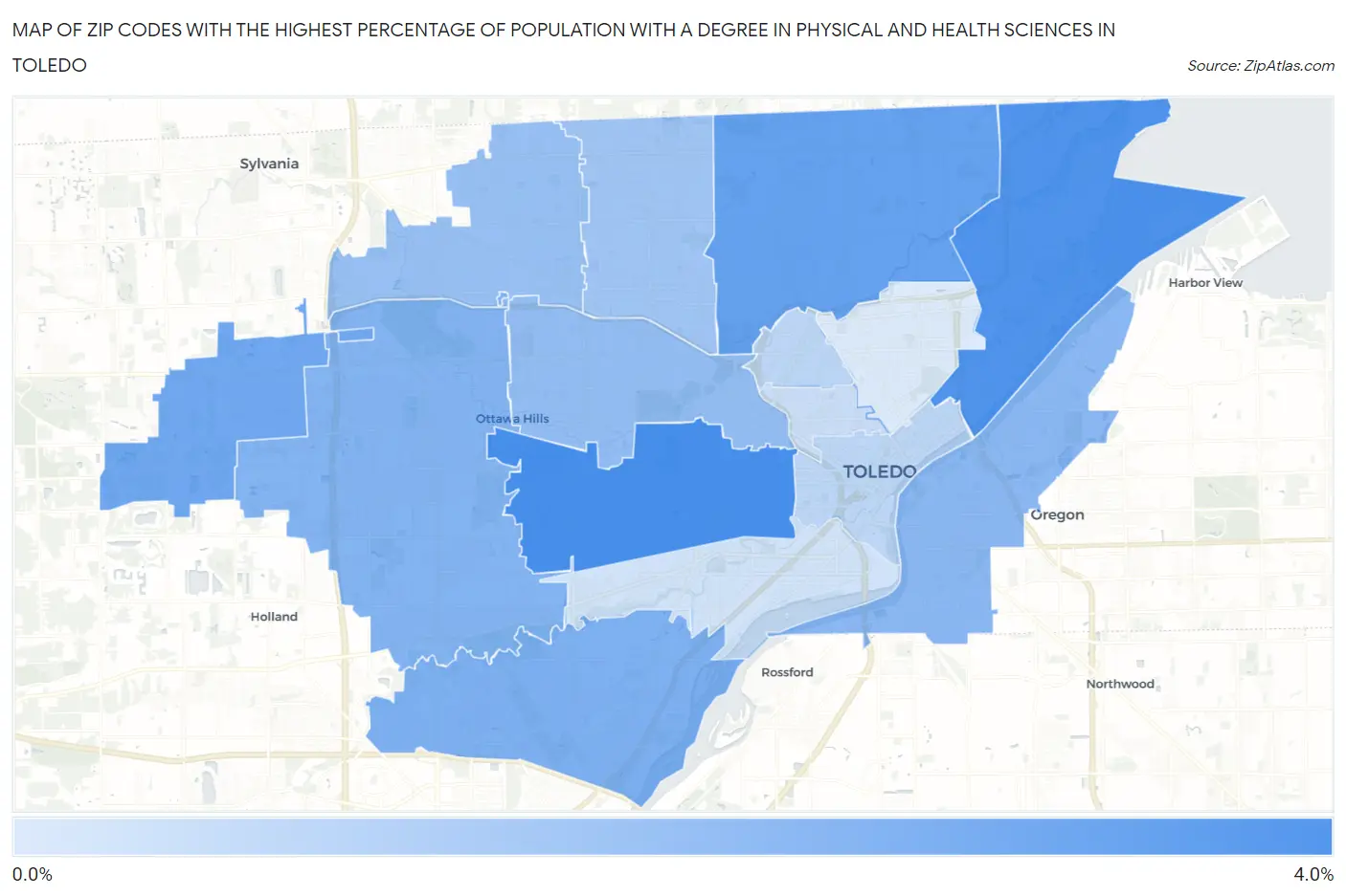 Zip Codes with the Highest Percentage of Population with a Degree in Physical and Health Sciences in Toledo Map