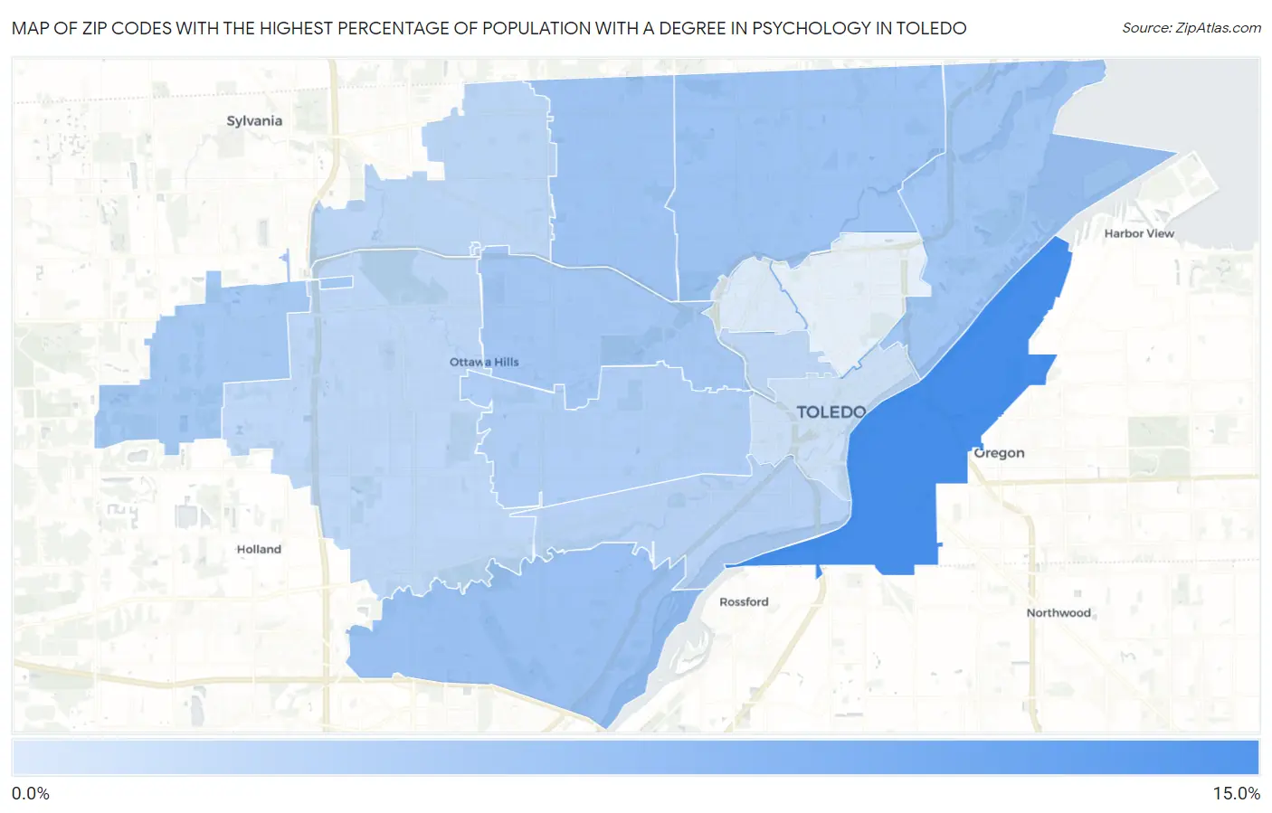 Zip Codes with the Highest Percentage of Population with a Degree in Psychology in Toledo Map