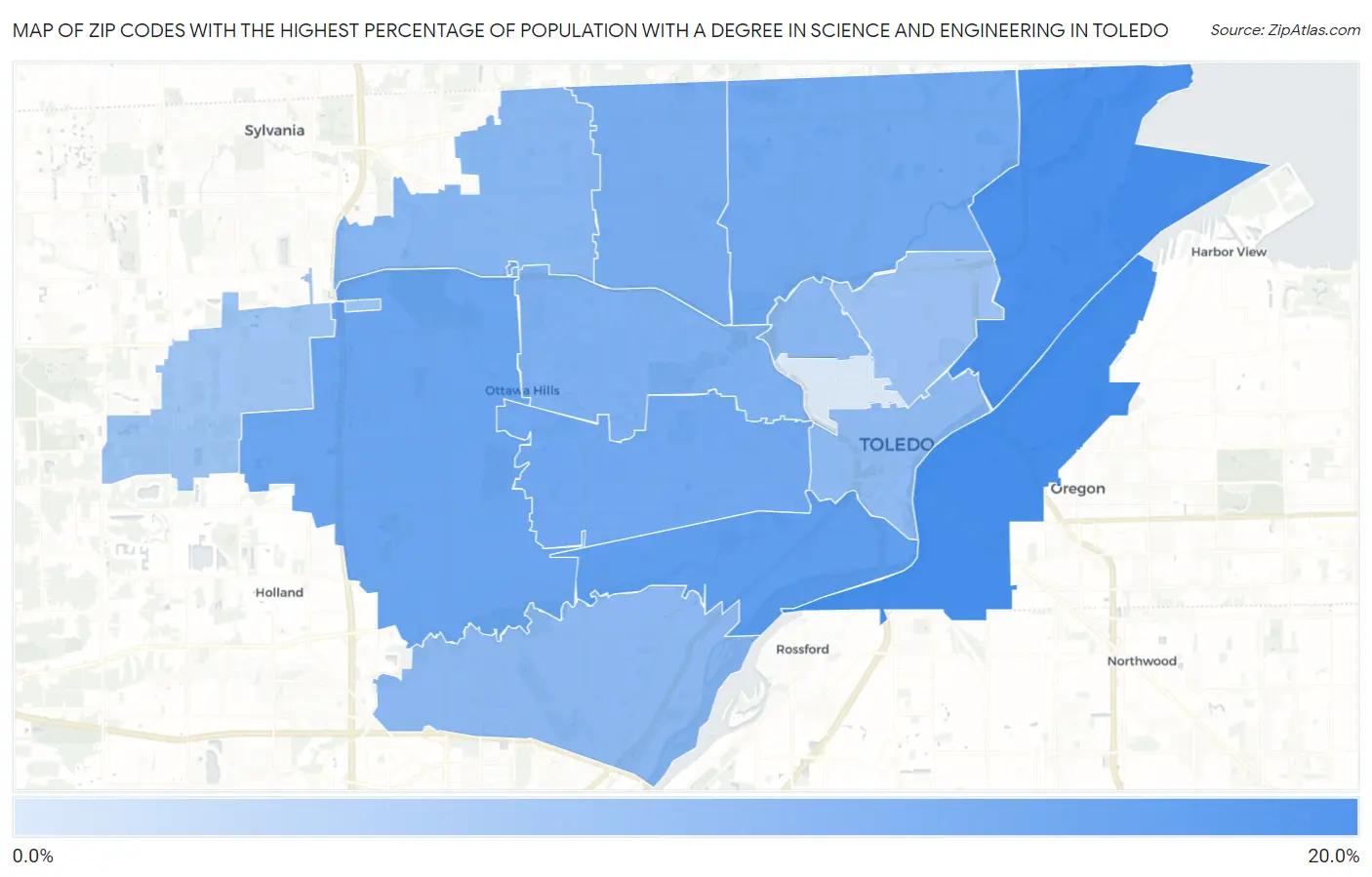 Zip Codes with the Highest Percentage of Population with a Degree in Science and Engineering in Toledo Map