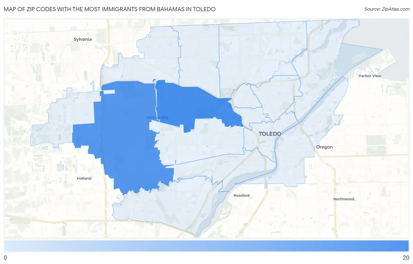 Zip Codes with the Most Immigrants from Bahamas in Toledo Map