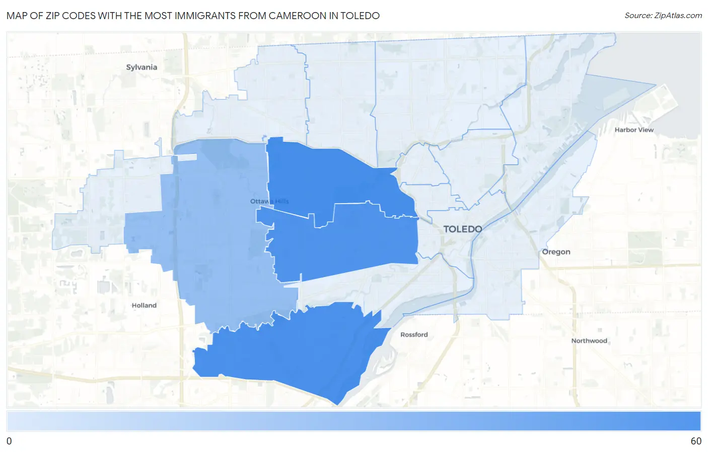 Zip Codes with the Most Immigrants from Cameroon in Toledo Map