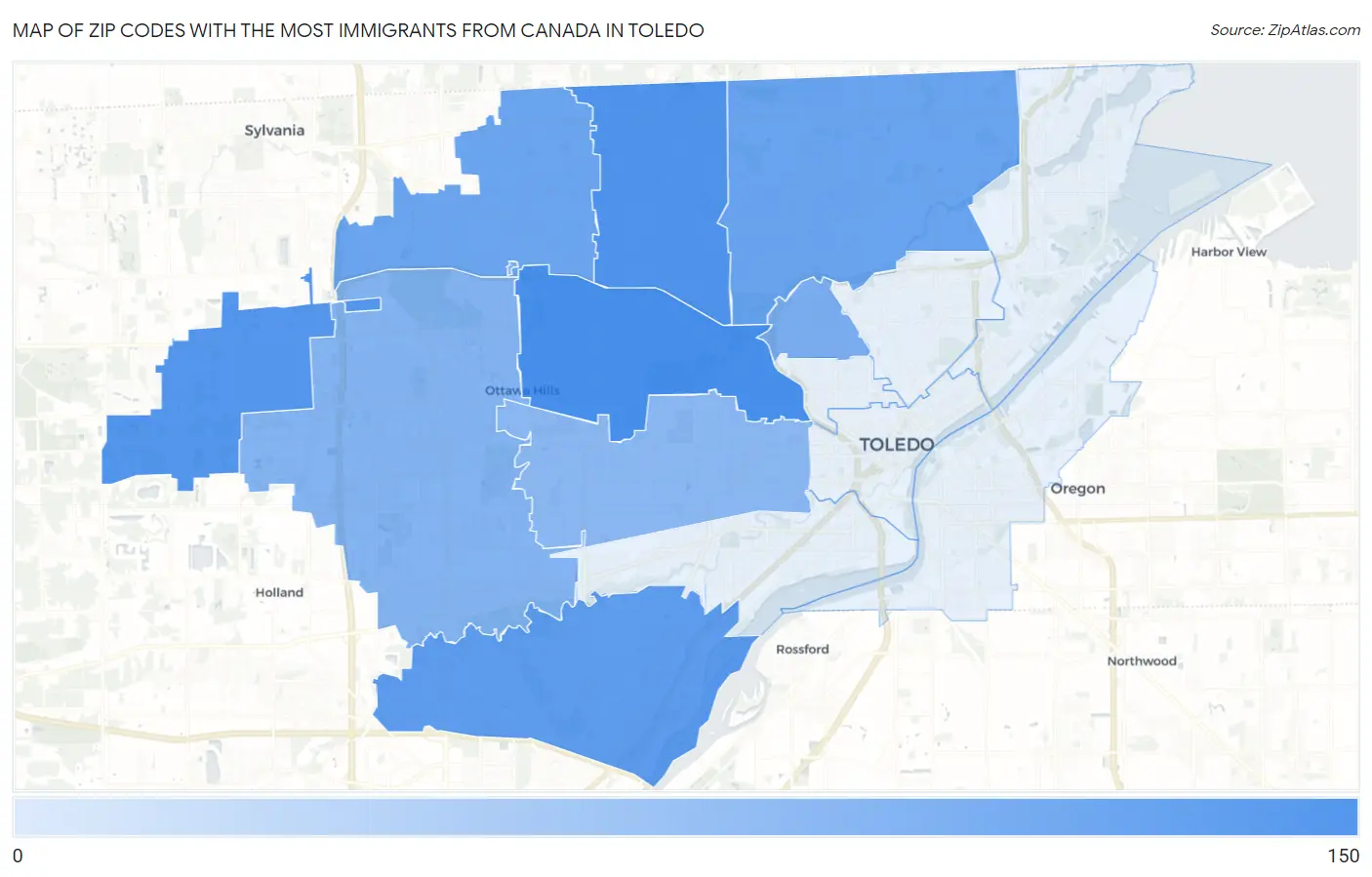 Zip Codes with the Most Immigrants from Canada in Toledo Map