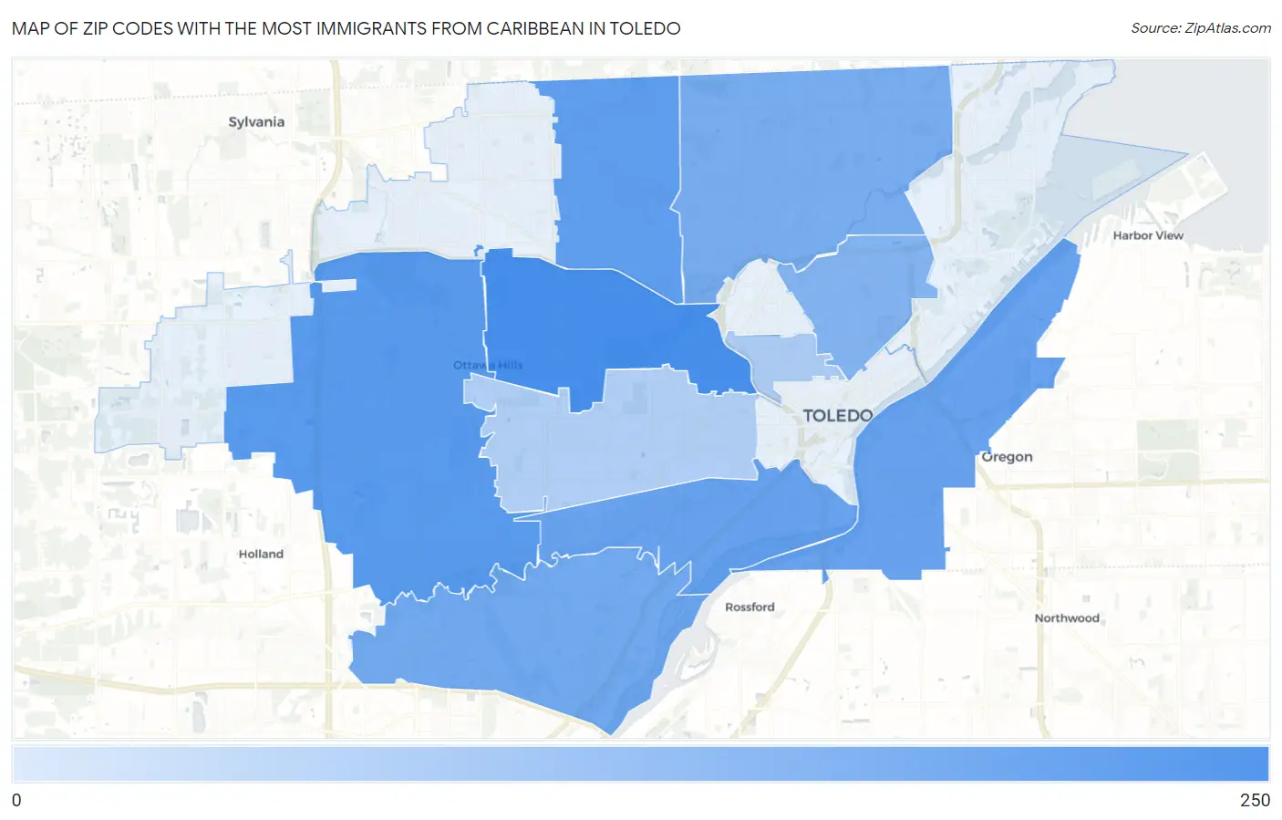 Zip Codes with the Most Immigrants from Caribbean in Toledo Map