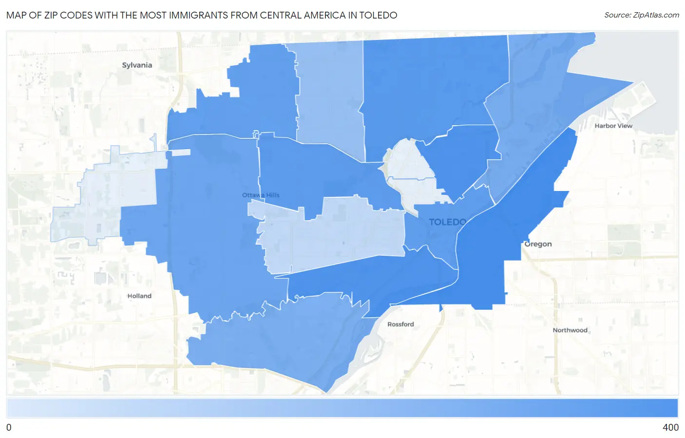 Zip Codes with the Most Immigrants from Central America in Toledo Map
