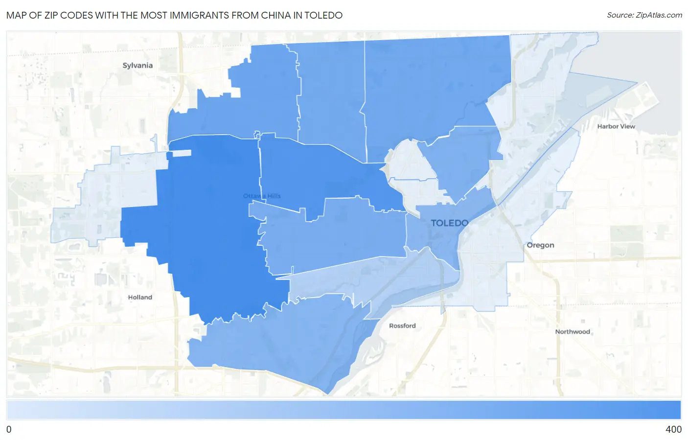 Zip Codes with the Most Immigrants from China in Toledo Map