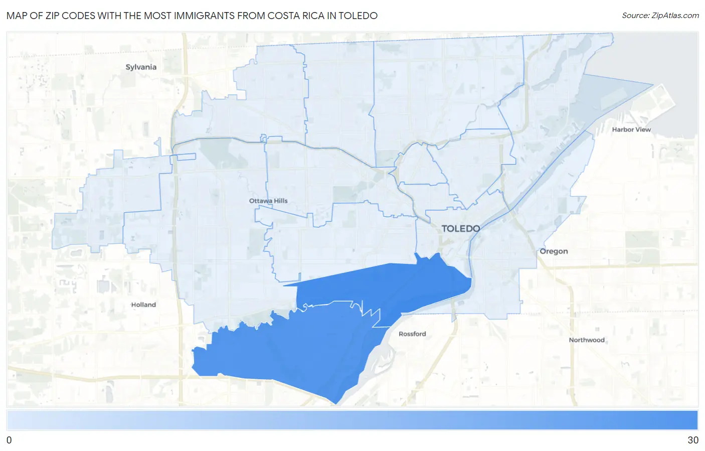 Zip Codes with the Most Immigrants from Costa Rica in Toledo Map